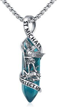 wholesale 925 Sterling Silver Blue Quartz Saint Michael Angel Protect Us Pendant Necklace-Blue