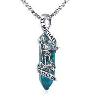 wholesale 925 Sterling Silver Saint Michael Archangel Teal Crystal Point Pendant Necklace-Blue