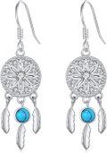 wholesale 925 Sterling Silver Turquoise Stone Feather Drop Dream Catcher Earrings for Women and Girls-0-0