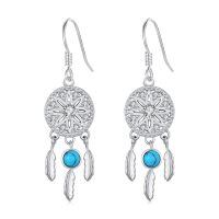 wholesale 925 Sterling Silver Turquoise Stone Feather Drop Dream Catcher Earrings for Women and Girls-C1-turquoise dangle(silver)