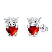 wholesale 925 Sterling Silver Birthstone Highland Cow Stud Earrings Cute Animal Jewelry Gift for Women Girls-Silver-01-Jan