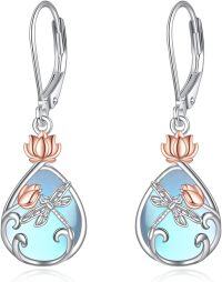 wholesale 925 Sterling Silver Lotus Flower & Dragonfly Teardrop Dangle Earrings w/Moonstone and Turquoise-04-Moonstone Dragonfly Earrings