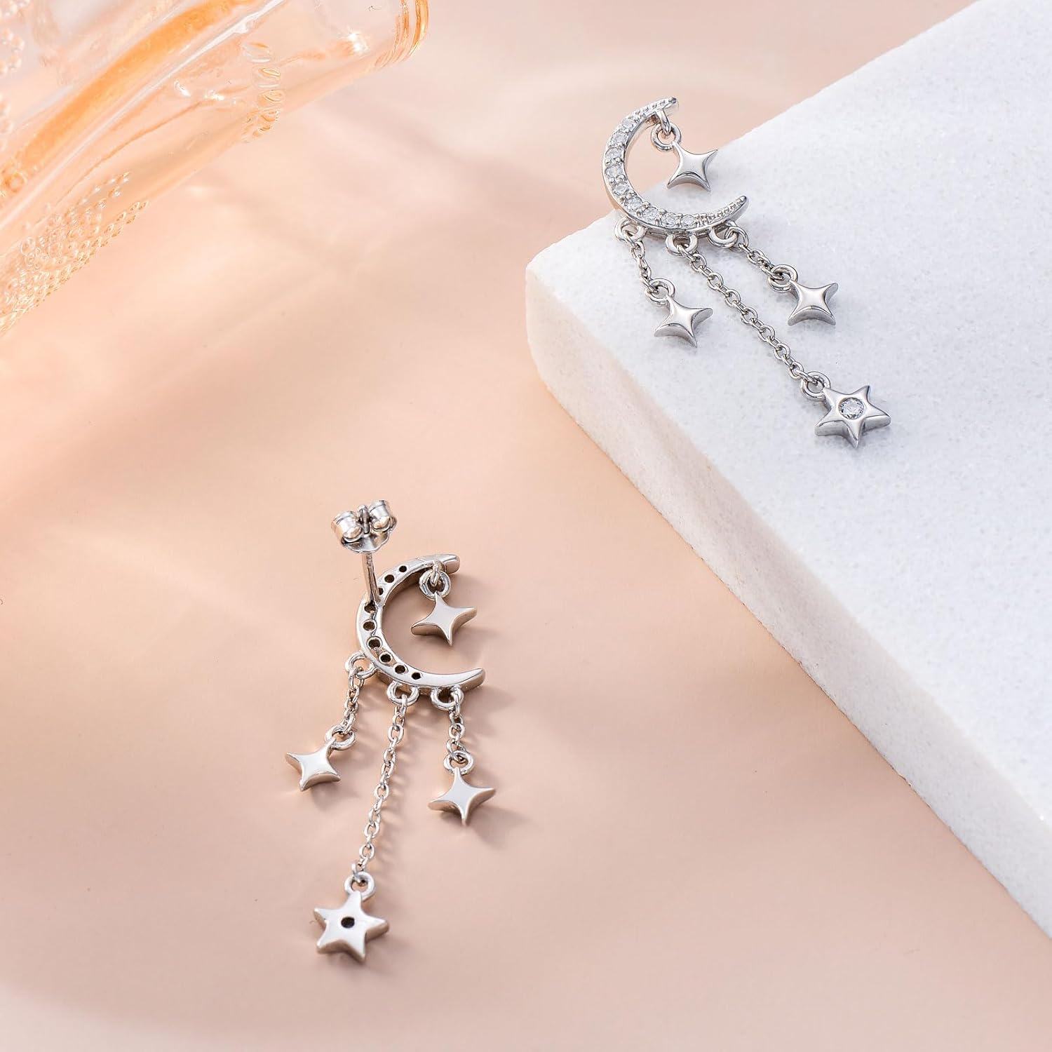 Sterling Silver CZ Sparkling Crescent Moon Star Stud Tassel Earrings-0-2