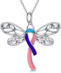 wholesale Sterling Silver & Enamel Thyroid Cancer Awareness Necklace - Pink Blue Purple Ribbon Dragonfly Pendant with 18 Chain, Hypoallergenic Gift-Dragonfly-Pink Blue Purple
