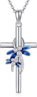 wholesale 925 Sterling Silver Dragonfly Cross Pendant Necklace Blue Enamel Jewelry for Women Girls Gift 45cm Chain Length-0-0
