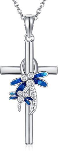 wholesale 925 Sterling Silver Dragonfly Cross Pendant Necklace Blue Enamel Jewelry for Women Girls Gift 45cm Chain Length-cross dragonfly necklace