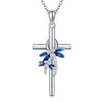 wholesale 925 Sterling Silver Dragonfly Cross Pendant Necklace Blue Enamel Jewelry for Women Girls Gift 45cm Chain Length-cross dragonfly necklace