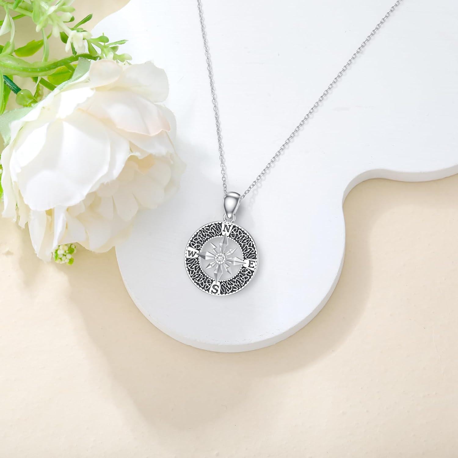 wholesale 925 Sterling Silver Round Compass Pendant with Cubic Zirconia and Moonstone - 925 Sterling Silver Jewelry for Women-0-5