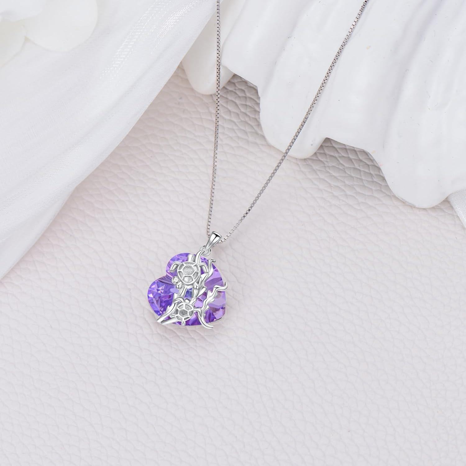 wholesale 925 Sterling Silver Purple Crystal Heart & Turtles Pendant Necklace-0-2