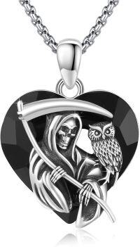 wholesale 925 Sterling Silver Black Crystal Heart Grim Reaper & Owl Pendant Necklace-Santa Muerte 1