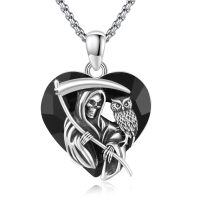 wholesale 925 Sterling Silver Black Crystal Heart Grim Reaper & Owl Pendant Necklace-Santa Muerte 1