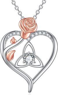 wholesale 925 Sterling Silver & Rose Gold Plated Heart-Shaped Pendant with Cubic Zirconia and Flower Design Necklace-Celtic knots