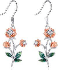 wholesale 925 Sterling Silver Purple Poppy Flower Drop Dangle Earrings with Green Leaves and CZ Stones for Women Girls -Drop-Jun.Rose Flower Earrings
