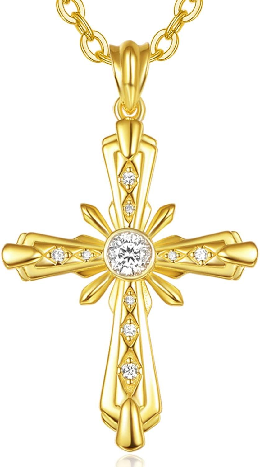 Sterling Silver Stone Christian Cross Pendant Necklace for Women Mom Faith Gifts-Gold Star Cross