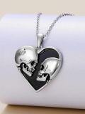 wholesale 925 Sterling Silver Heart-Shaped Gothic Skulls Pendant Necklace with Black Enamel Accents-0-2