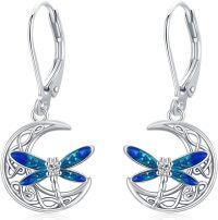 wholesale 925 Sterling Silver Blue Enamel Moonstone Dragonfly Leverback Drop Earrings-Dragonfly-Moon