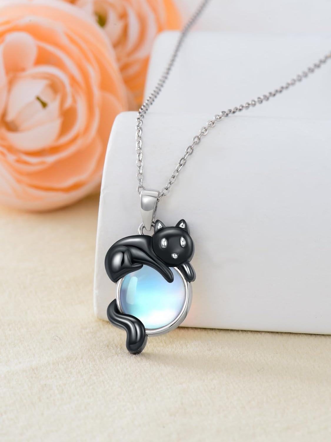 925 Sterling Silver Cat Moonstone Pendant Necklace-0-1