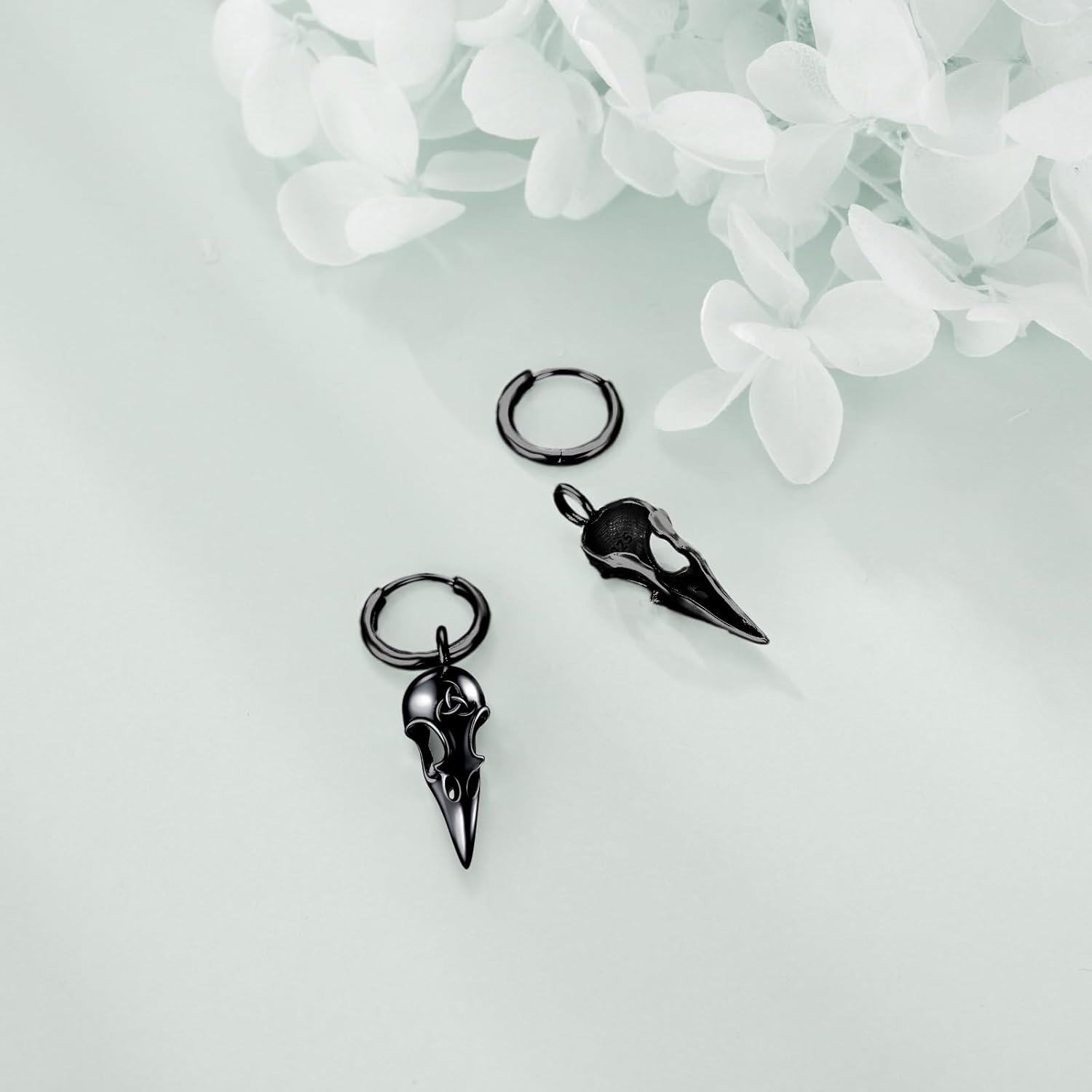 925 Sterling Silver Raven Skull Drop Dangle Earrings Norse Viking s for Men Women-0-2