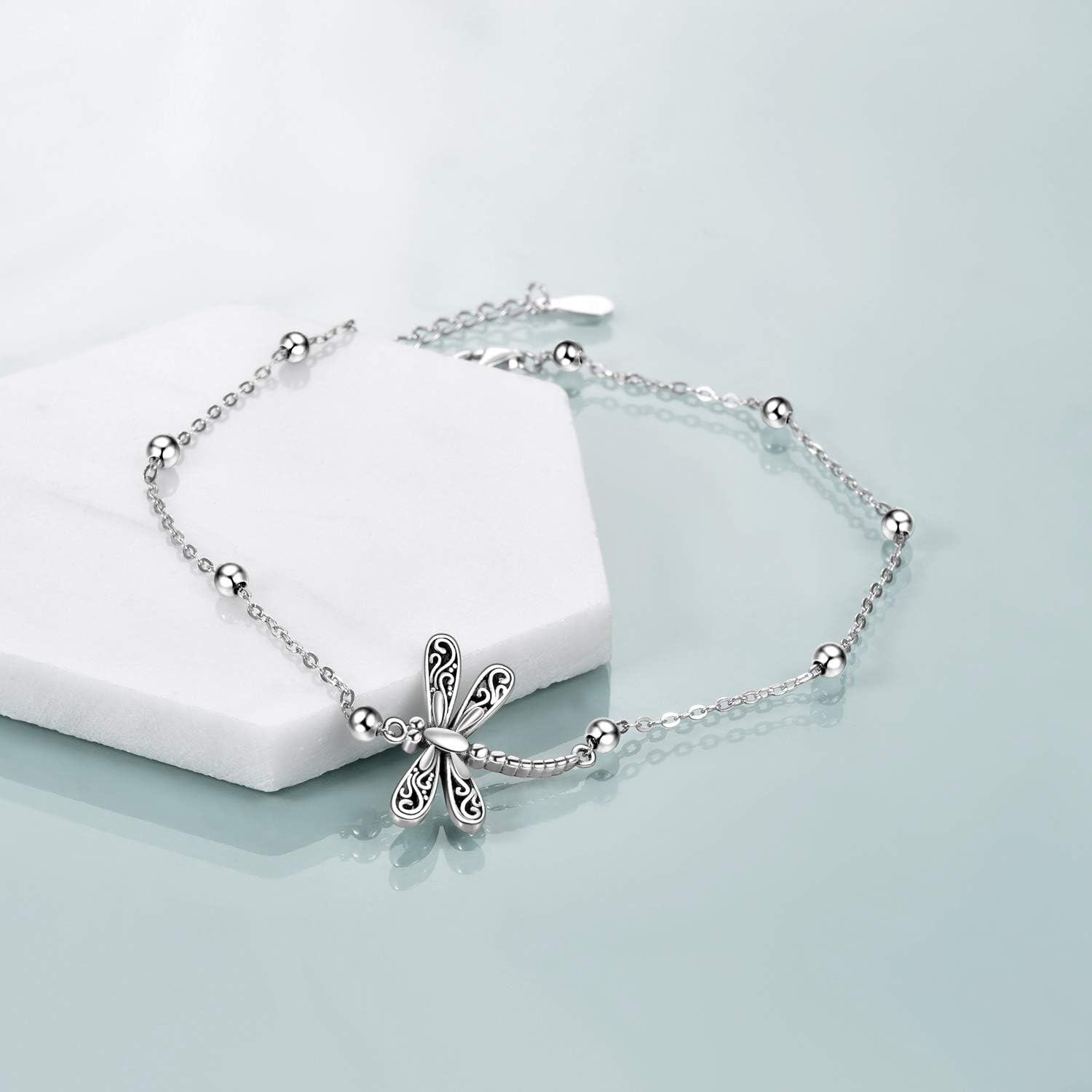 wholesale 925 Sterling Silver Dragonfly Charm Anklet with Beaded Chain and Clasp for Women Girls  6+1 inch Adjustable Length-0-1