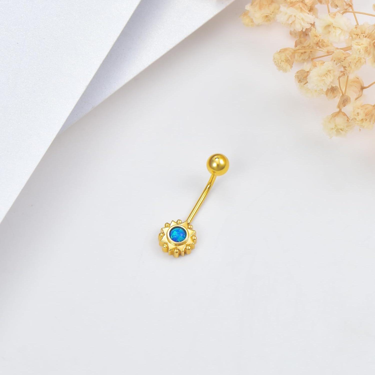 14K Gold Sun Flower Dangle Belly Button Rings 14G Body Jewelry-0-2