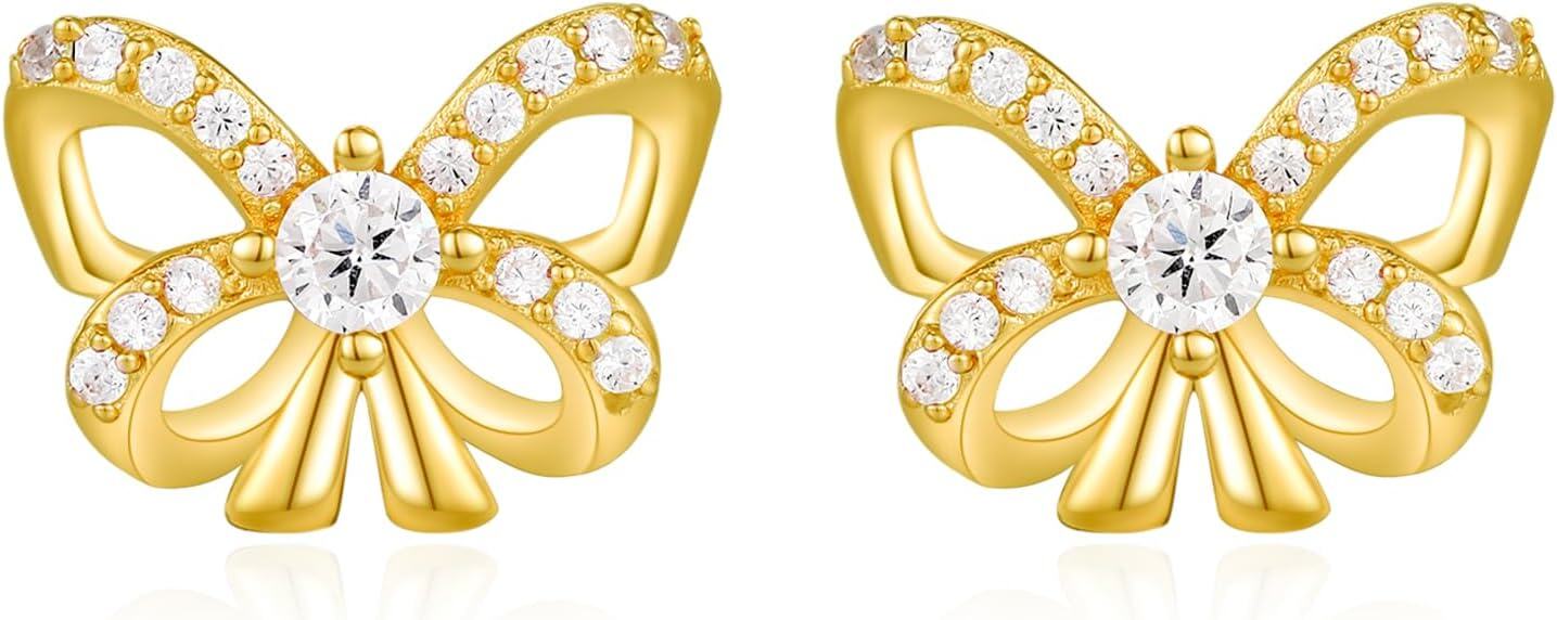  Metal Sterling Silver Stone Bow Stud Earrings for Women Ribbon Jewelry -Gold