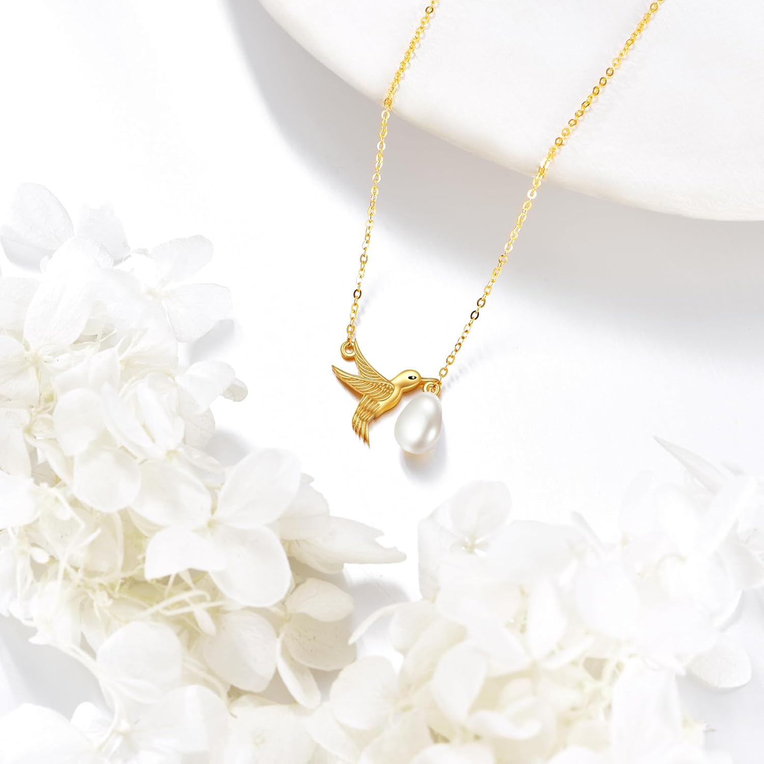 wholesale 14K Gold Pearl Hummingbird Pendant Necklace for Women-0-3
