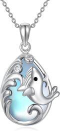 wholesale 925 Sterling Silver Blue Moonstone Sea Life Pendant Necklace with Dolphin Charm for Women-0-0