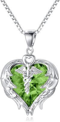 wholesale Sterling Silver Austrian Crystal Caduceus Angel Wing Heart Nurse Necklace-Peridot
