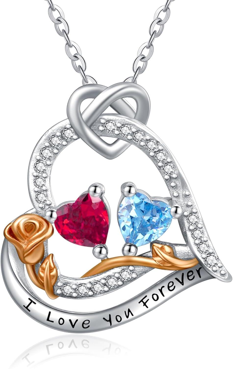  Sterling Silver 2 Birthstones Rose Heart Necklace for Women -07-12-Jul-Dec