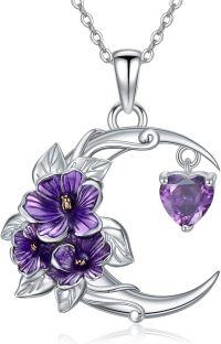wholesale 925 Sterling Silver Birthstone Crescent Moon Floral Pendant Necklace-02-Feb-Violet
