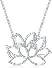 wholesale 925 Sterling Silver Natural Cubic Zirconia & Turquoise Lotus Pendant Necklace for Women s-White-Diamond