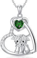wholesale 925 Sterling Silver Green Crystal Scottish Highland Cow Heart Necklace for Women Gifts USA-0-0