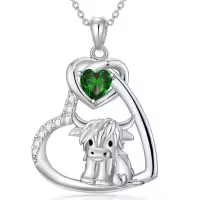 wholesale 925 Sterling Silver Green Crystal Scottish Highland Cow Heart Necklace Wholesale for Women Gifts USA-Cow Heart-Emerald