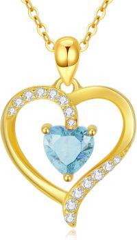 wholesale 14K Gold & Gemstone Heart Pendant Necklace, Birthstone Jewelry Gift for Women, Adjustable Rolo Chain, 17x16.5mm, Nickel-Free-03-March-Aquamarine