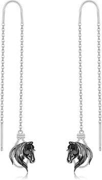 wholesale 925 Sterling Silver Long Threader Dangle Drop Black Enamel Horse Head Stud Earring  For Women Girls Mother's Day Present Birthday Anniversary Christmas Holiday Gifts Ideas 3cm Length-Threader Horse-Threader Horse