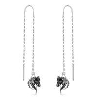 wholesale 925 Sterling Silver Long Threader Dangle Drop Black Enamel Horse Head Stud Earring  For Women Girls Mother's Day Present Birthday Anniversary Christmas Holiday Gifts Ideas 3cm Length-Threader Horse-Threader Horse
