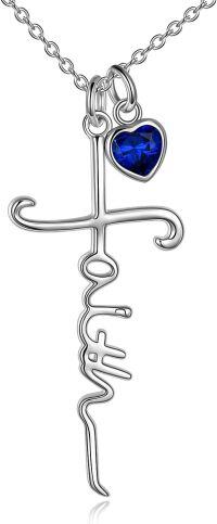 wholesale 925 Sterling Silver Faith Cross Necklace with Simulated Sapphire Birthstone Pendant for September-09-September