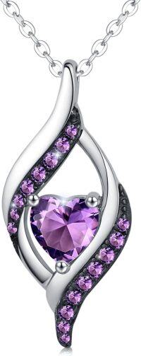 wholesale Platinum Plated 925 Sterling Silver Birthstone Necklace Heart Pendant Gift for Women-February-Amethyst