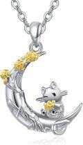 wholesale 925 Sterling Silver Crescent Moon with Gold Flowers and Kitty Charm Necklace Pendant-0-0