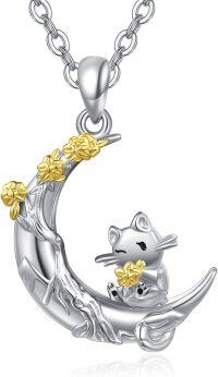 wholesale 925 Sterling Silver Crescent Moon with Gold Flowers and Kitty Charm Necklace Pendant-Flower cat moon