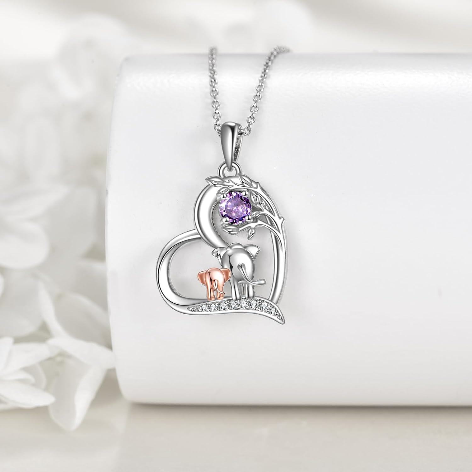  Sterling Silver Birthstone Elephant Pendant Necklace Cute Animal Jewelry Gift for Women Mom Wife -0-2