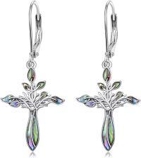 wholesale 925 Sterling Silver Abalone Shell Tree of Life Cross Drop Earrings for Women-Abalone Tree Cross