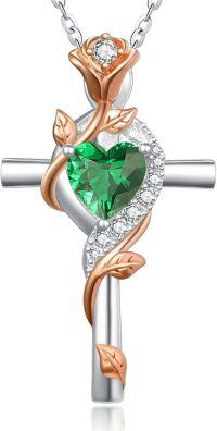 wholesale Sterling Silver Rose Cross Pendant Necklace for Women-05-May-Emerald Green-05-May-Emerald Green