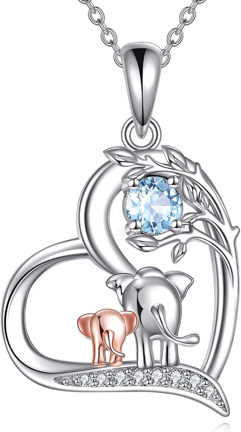  Sterling Silver Birthstone Elephant Pendant Necklace Cute Animal Jewelry Gift for Women Mom Wife -03-March Aquamarine