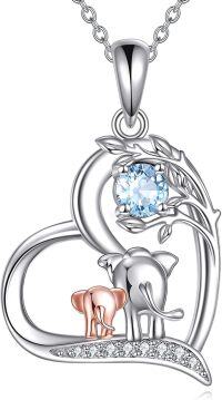 wholesale 925 Sterling Silver Birthstone Elephant Pendant Necklace Cute Animal Jewelry Gift for Women Mom Wife-03-March Aquamarine