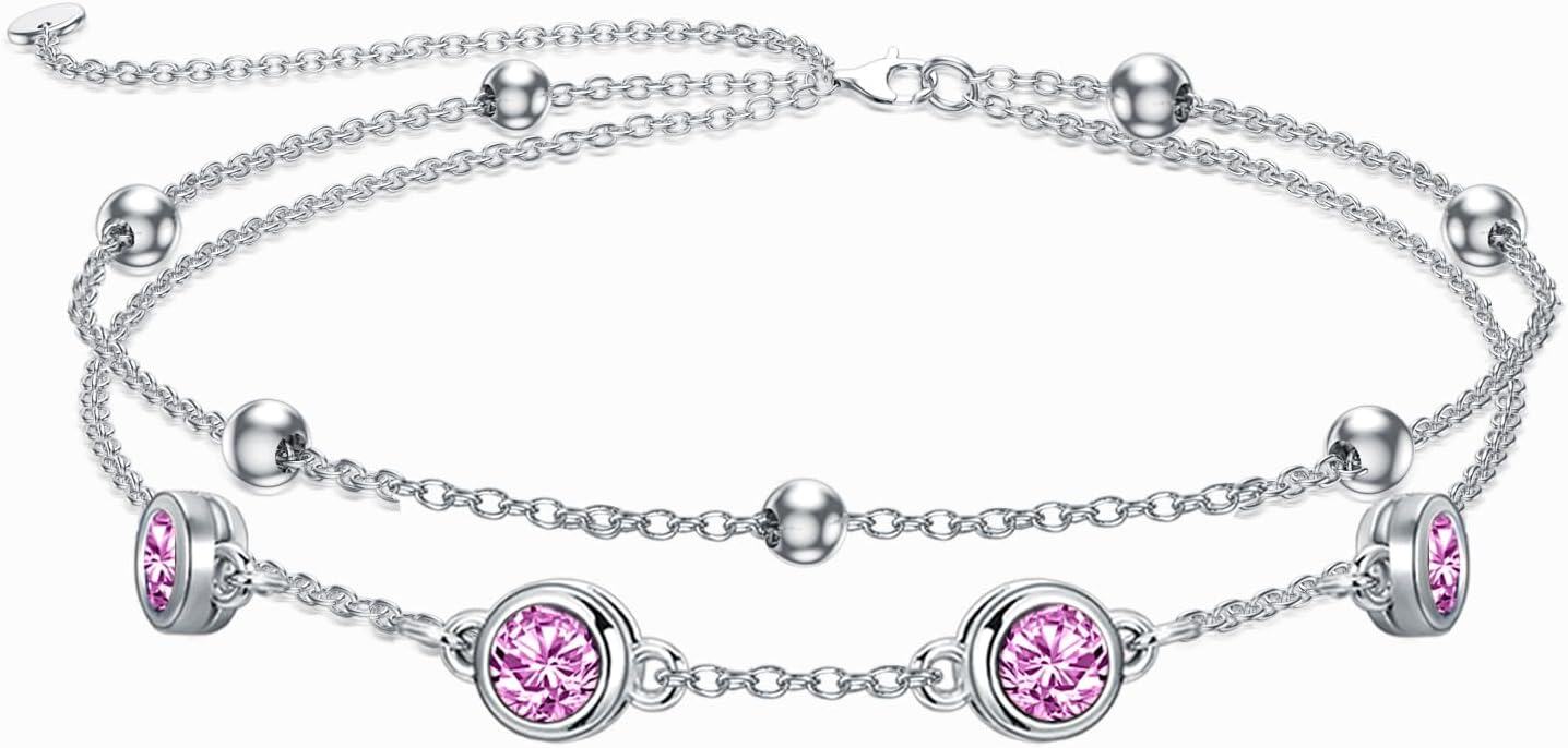 Sterling Silver Birthstone Anklet Bracelets for Women Gifts-10-Rose Bracelet 7\"-9\"
