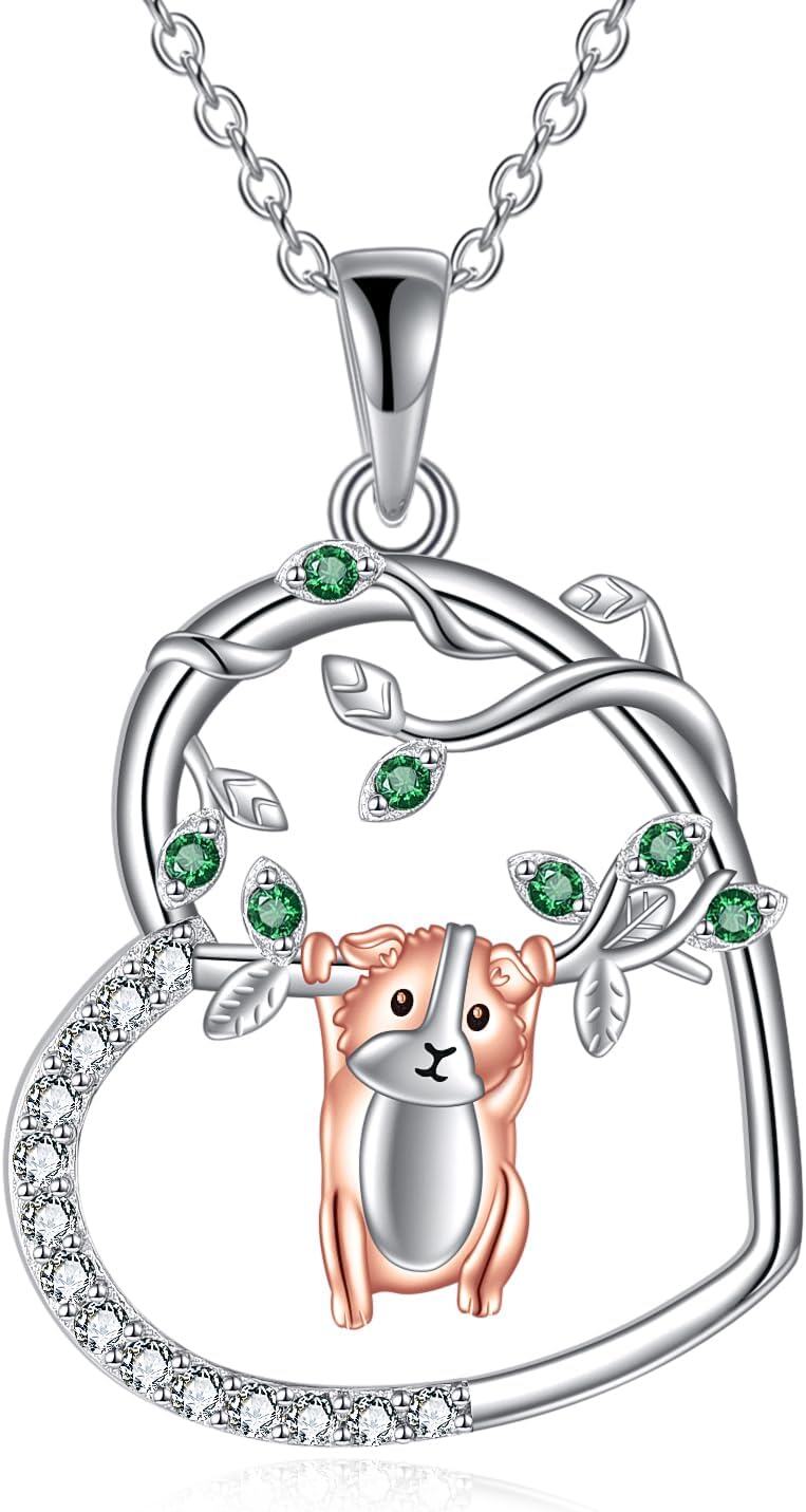 Sterling Silver Heart Pendant Necklace with Cute Animal Charms (Cow Squirrel Guinea Pig Bulldog Axolotl) for Women Teens-Guinea Pig Necklace