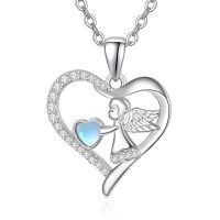 wholesale 925 Sterling Silver Angel Heart Necklace With Moonstone Heart Pendant-Moonstone