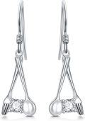 wholesale 925 Sterling Silver Fork Spoon Drop Earrings with CZ Stones and Leverback Hooks for Women Girls  4cm Long-0-0