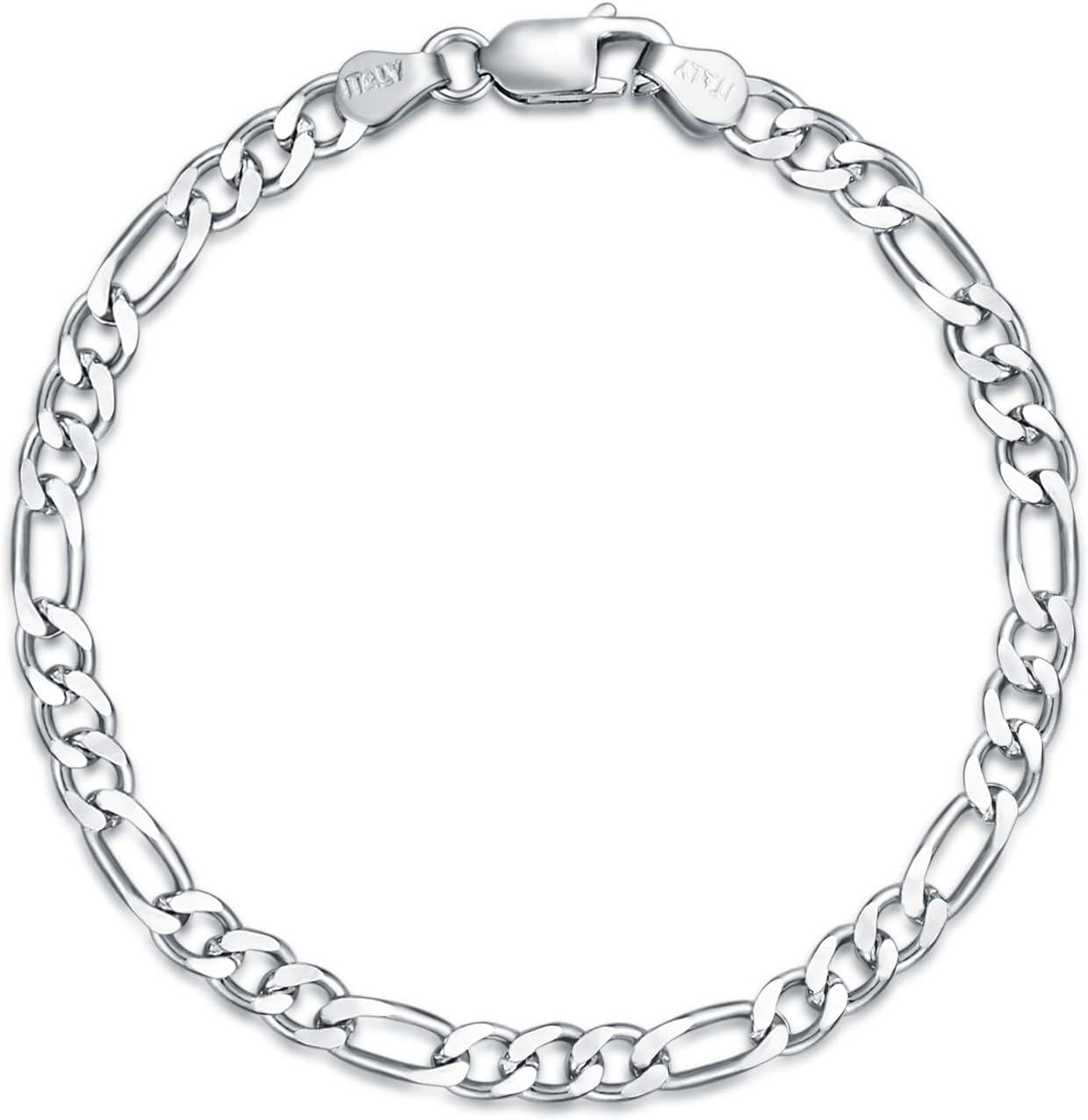 925 Sterling Silver Figaro Link Chain Bracelet with Lobster Claw Clasp - Made in Italy (Length: 7 / Widths Available)-0-0